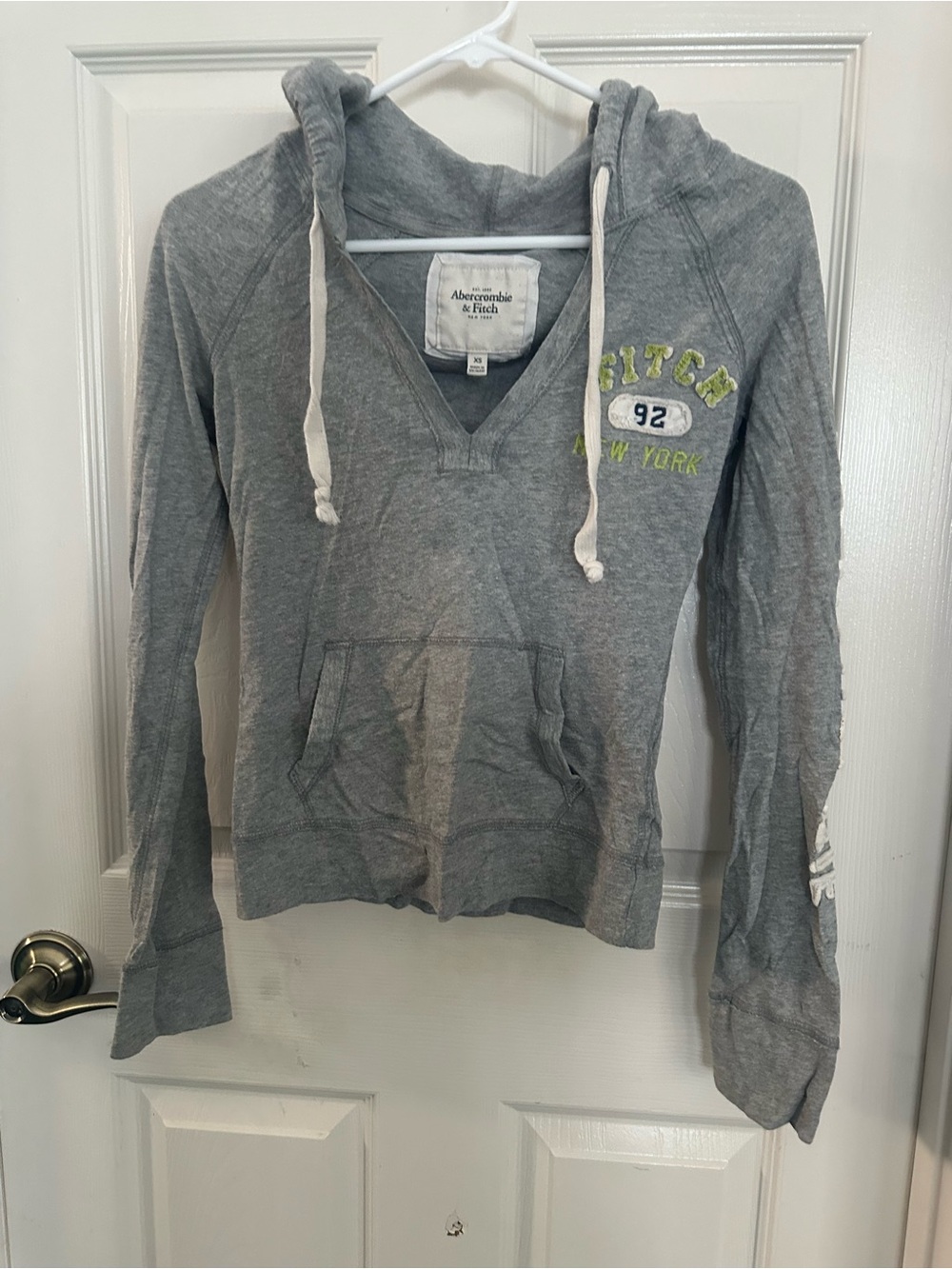 Abercrombie & Fitch Heather Gray V-Neck Hoodie with Logo Patch